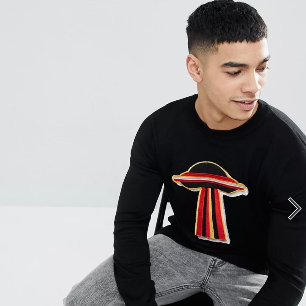 boohoo Mens Sweater Embroidered Spaceship Print In Black Small